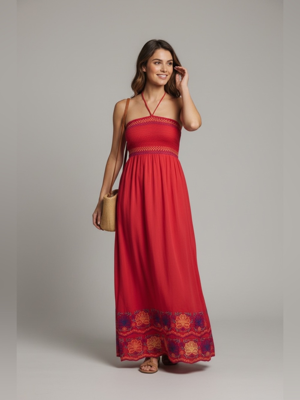 Bohemian Women’s Sleeveless Embroidered Red Cotton Maxi Dress Size Small NWT